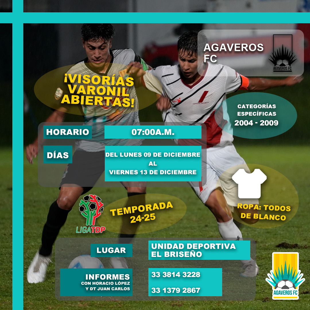 agaveros_fc's tweet photo. ¡Los esperamos en el Centro de Formación #AgaverosFC para formarse y disfrutar del fútbol! ⚽

📍 Unidad Deportiva "El Briseño"
🏆 Categorías: 2004 - 2009
📅 Del Lunes 09 al Viernes 13 de Diciembre
🕓 7:00a.m.

ℹ️ Contacta a Horacio López al 3338143228 para más información. https://t.co/IotD0mPYg8