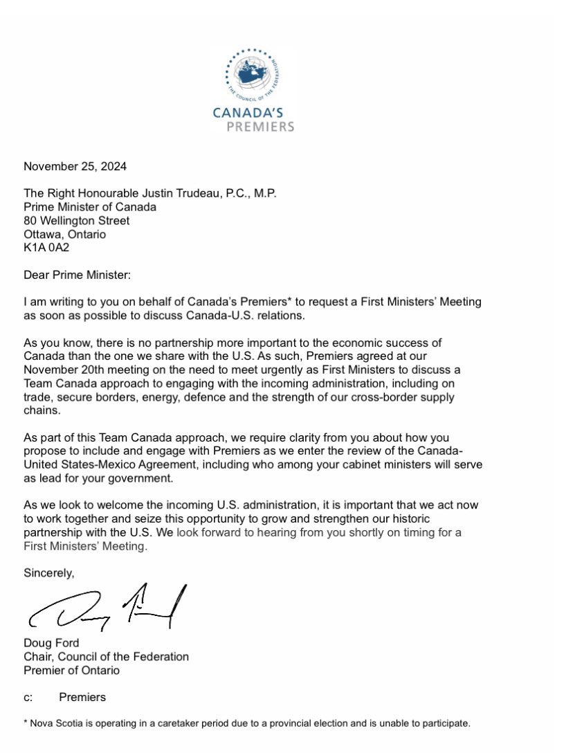 ABDanielleSmith's tweet photo. Canada’s Premiers are united: the federal government must take the new U.S. administration seriously. This is about more than politics—it’s about protecting the jobs, livelihoods, and prosperity of countless Canadians.

The success of our trade relationship with the U.S. directly impacts families and communities across our country. Ottawa needs to step up and prioritize this partnership.

Read our full letter below on behalf of our Chair of the Council of Federation, Premier @fordnation 👇