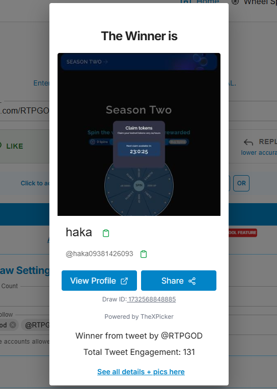 RTPGOD's tweet photo. Winner During the livestream was @haka09381426093  Congratulations 🎉🎉 https://t.co/FDoGyRkSZS