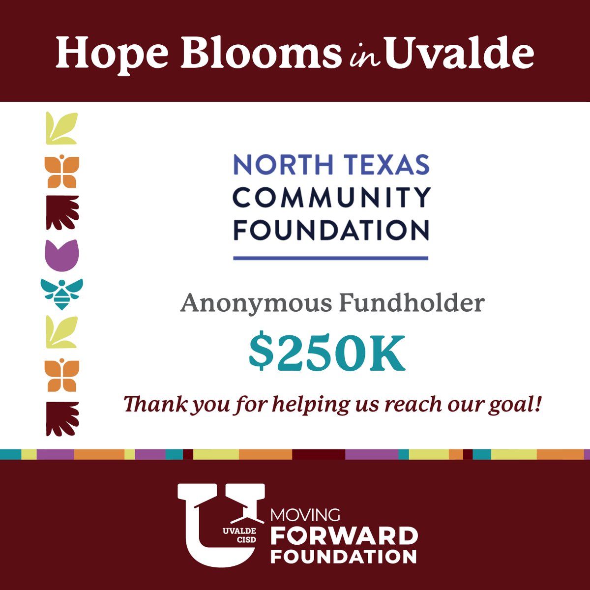 UvaldeMovingFwd's tweet photo. The Uvalde CISD Moving Forward Foundation is honored to announce we are $3.5 million away from completing the Kate Briscoe Marmion Charitable Foundation match, which will double the amount to $7 million, reaching our $60 million goal. 

Thank you to every person and organization that has contributed to the fundraising efforts toward building the new Legacy Elementary School campus. Hope is blooming in Uvalde because of you. 

Interested in learning more and making a gift? Visit https://t.co/kShtijuBoo.