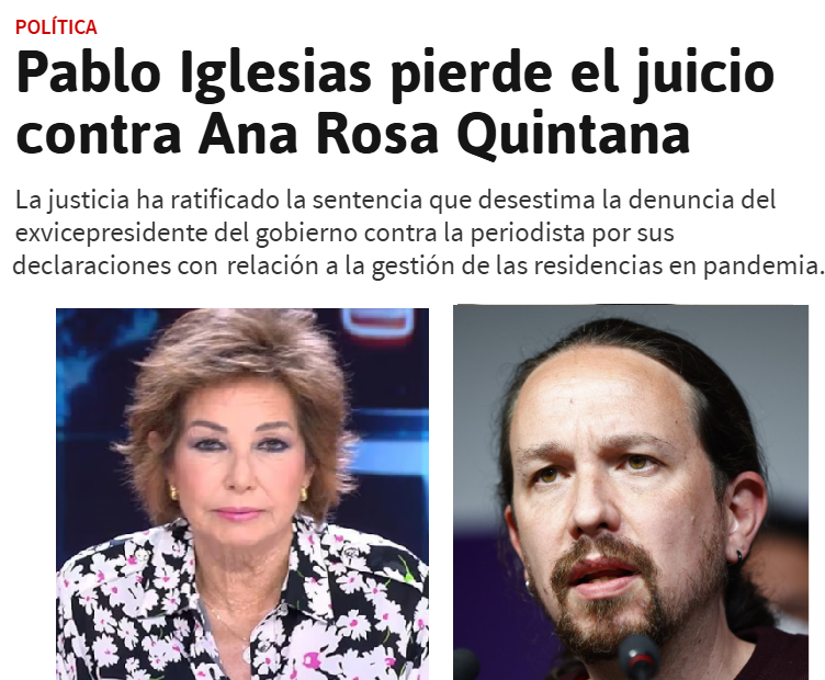 Iglesias pierde el juicio contra Ana Rosa por decir que él era el responsable de los geriátricos en 2020 y además deberá pagar todas las elevadas costas.

La buena noticia del día.