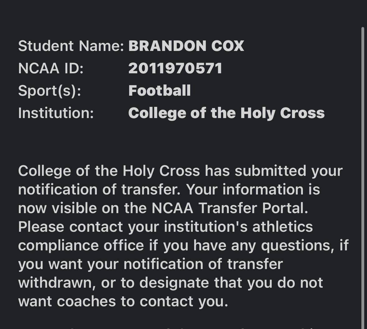 Thank you <a href="/HCrossFB/">Holy Cross Football</a> for an unforgettable experience over the past 4 years!!!