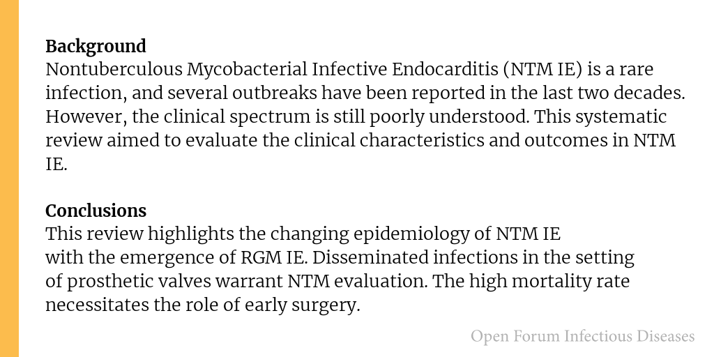 Nontuberculous Mycobacterial Infective Endocarditis: A Systematic Review of Clinical Characteristics and Outcomes

✅ Just Accepted
🔗 bit.ly/3ZkoXv8