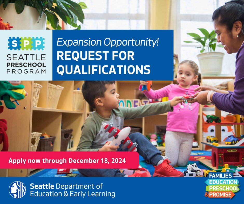 SeattleDEEL's tweet photo. The Seattle Department of Education & Early Learning is accepting applications from qualified early learning providers to join the #SeattlePreschoolProgram or expand existing #SPP classrooms at their site for the 2025-26 school year. Apply by December 18! https://t.co/WO3d0JQMI7 https://t.co/DUWtzw3Fbq