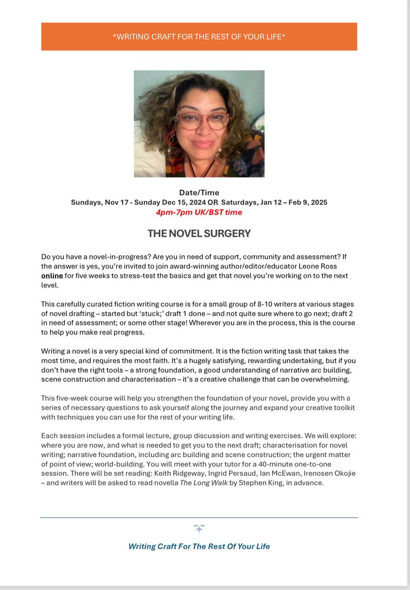 Leone Ross FRSL (@leoneross) on Twitter photo I wonder if you have a novel on the go…that you’ve been nurturing for a while; if you’re stuck and need a new strategy. If so, my Novel Surgery month might be of use to you. Runs online, Sats, Jan 16-Feb 9, 4-7pm UK time. Open to anyone in the world. Email me: leoneross@mac.com I wonder if you have a novel on the go…that you’ve been nurturing for a while; if you’re stuck and need a new strategy. If so, my Novel Surgery month might be of use to you. Runs online, Sats, Jan 16-Feb 9, 4-7pm UK time. Open to anyone in the world. Email me: leoneross@mac.com