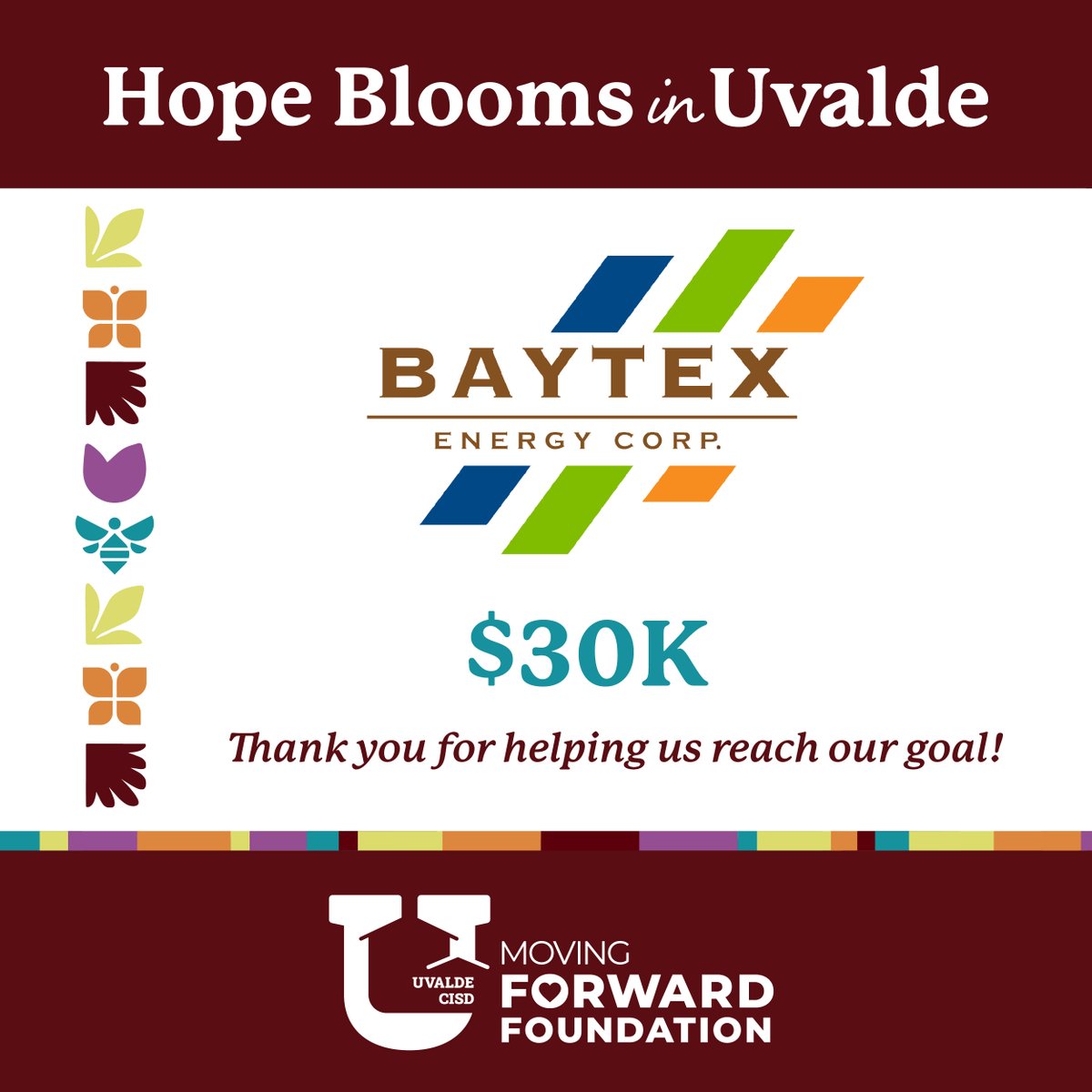 UvaldeMovingFwd's tweet photo. The Uvalde CISD Moving Forward Foundation is honored to announce we are $3.5 million away from completing the Kate Briscoe Marmion Charitable Foundation match, which will double the amount to $7 million, reaching our $60 million goal. 

Thank you to every person and organization that has contributed to the fundraising efforts toward building the new Legacy Elementary School campus. Hope is blooming in Uvalde because of you. 

Interested in learning more and making a gift? Visit https://t.co/kShtijuBoo.