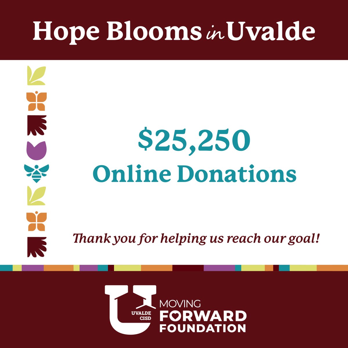 UvaldeMovingFwd's tweet photo. The Uvalde CISD Moving Forward Foundation is honored to announce we are $3.5 million away from completing the Kate Briscoe Marmion Charitable Foundation match, which will double the amount to $7 million, reaching our $60 million goal. 

Thank you to every person and organization that has contributed to the fundraising efforts toward building the new Legacy Elementary School campus. Hope is blooming in Uvalde because of you. 

Interested in learning more and making a gift? Visit https://t.co/kShtijuBoo.