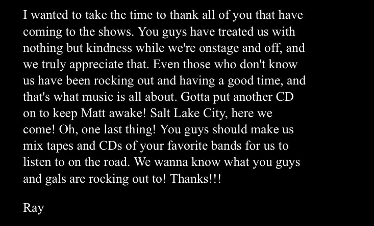 maniacaIaughter's tweet photo. can’t get over him asking for fan mix tapes. ray toro the man that you are https://t.co/4BJRB1n3Qx