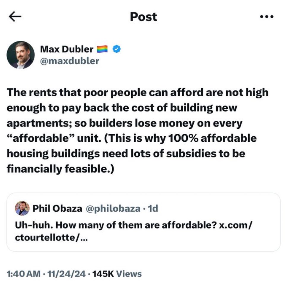 katewillett's tweet image. Here me out YIMBY spokesperson- what if I told you the public can build housing and unlike developers can wait a couple decades to recoup costs through rent bc gov’t doesn’t have to be a profitable business. 

So let’s build public housing yeah?