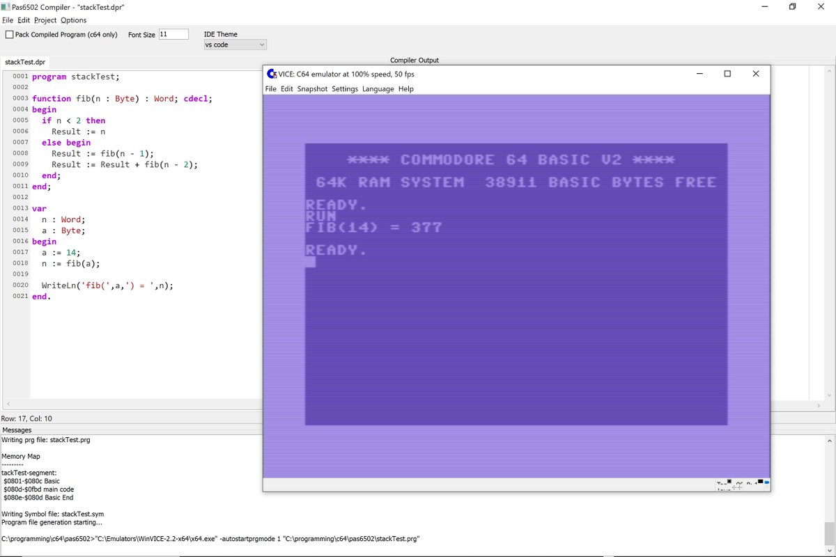 SyntaxErrorSoft's tweet image. Whoot! I&apos;ve modified my #Pas6502 #Pascal #crosscompiler stack routines to allow #recursive algorithms similar to my stand-alone ASM code!! Sure, it has limited uses, but it works (tm) 😆😆#8BitCoders