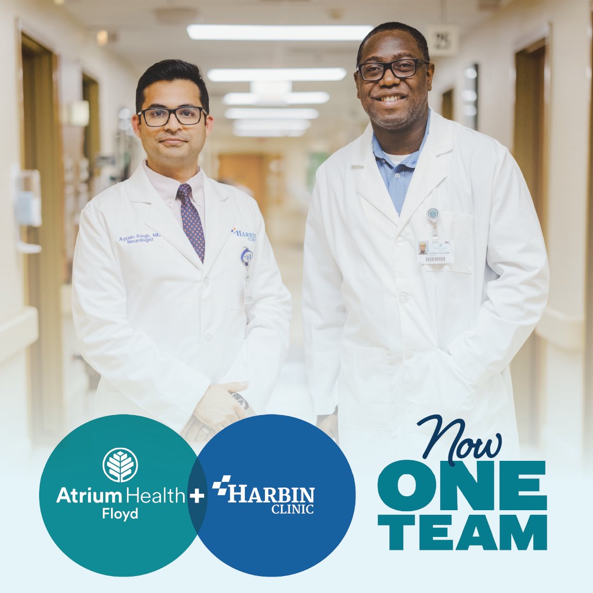 Dr. Ayush Singh, a Harbin Clinic neurologist, and Dr. Sam Quaynor, Atrium Health Floyd neuro hospitalist, have a history of working together. Now, as part of the same Atrium Health team, they continue to be the brainpower behind seamless patient care. bit.ly/nowoneteam.