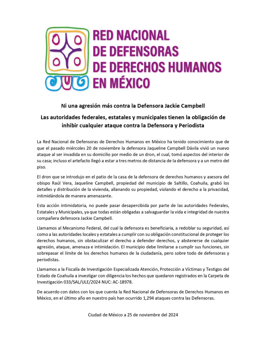 prensacimac's tweet photo. Ni una agresión más contra la defensora Jackie Campbell ✊🏽🟠

El pasado 20 de noviembre la defensora Jaqueline Campbell Dávila vivió un nuevo ataque al ser invadida en su domicilio por medio de un dron, el cual, tomó aspectos del interior de su casa.

Llamamos al @Mecanismo_MX, del cual la defensora es beneficiaria, a redoblar su seguridad, así como a las autoridades locales y estatales a cumplir con su obligación constitucional de proteger los derechos humanos.