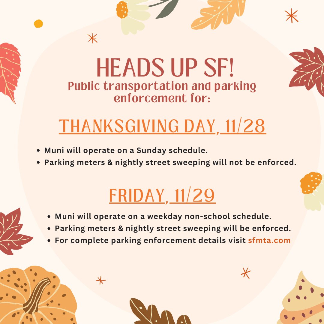 sfgov's tweet photo. π¨ Hey #SF locals & visitors! If you're coming into the #City for the #Thanksgiving holiday break π¦, check out @SFMTA_Muni's holiday transit schedule & parking rules before you head out. ππ
Know before you goβ¨
@sfgov #visitsf #thingstodoinsf #sfholidays https://t.co/vm69tST3gk