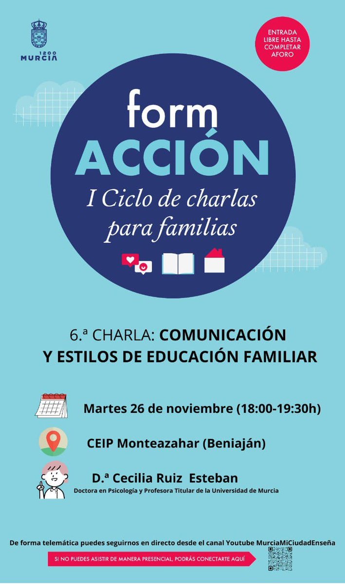 El 26/11 a las 18:00, Charla “Comunicación y estilos de educación familiar” en CEIP Monteazahar, dentro del programa FormAcción del <a href="/MurciaAyto/">Ayto Murcia</a> 
Ponente: Cecilia Ruiz Esteban. También en YouTube: <a href="/murciaeducadora/">Murcia Educadora. #MurciaMiCiudadEnseña</a> . 💬✨ #FormAccion #Comunicación