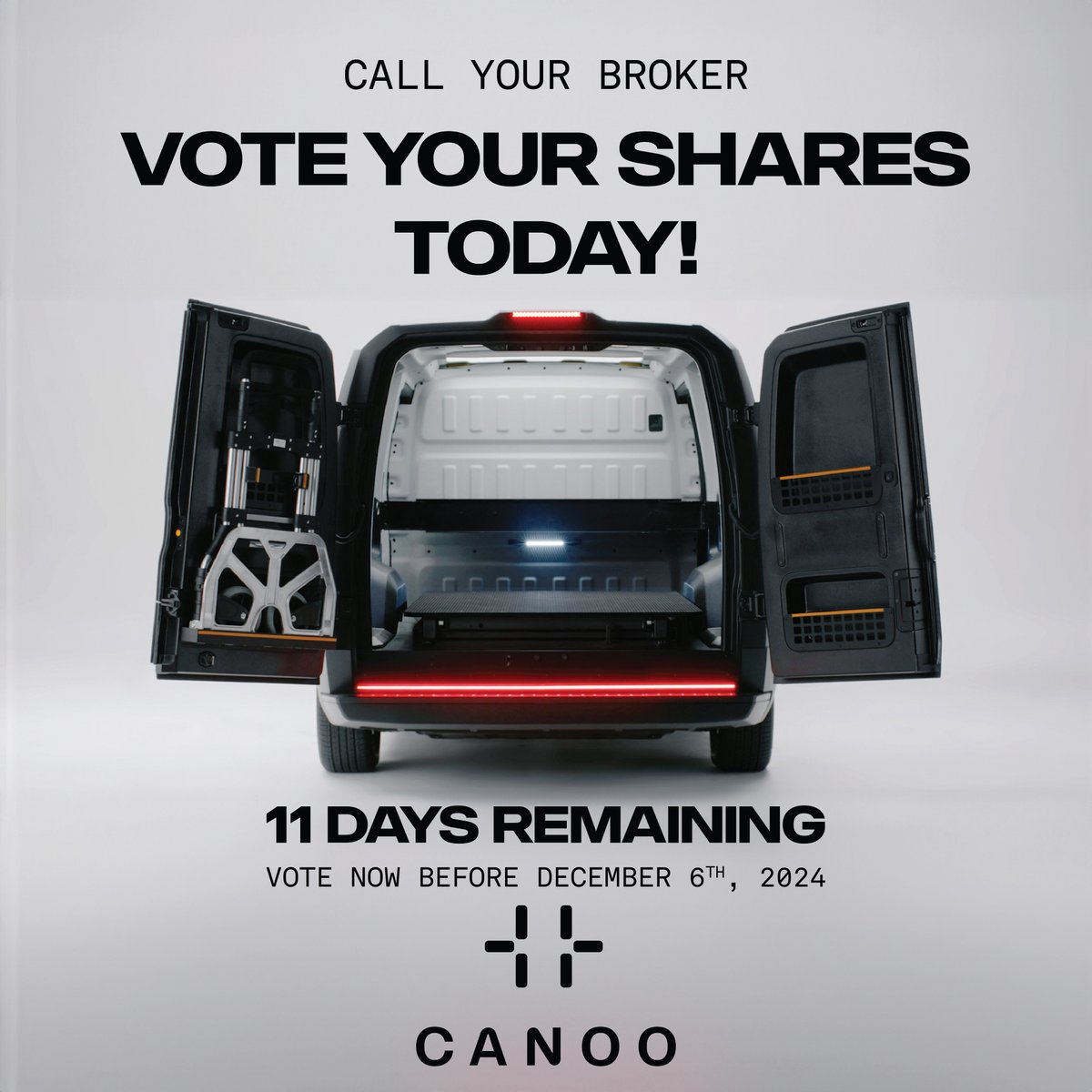 Canoo (@canoo) on Twitter photo PLEASE VOTE NOW! 11 DAYS REMAINING TO VOTE YOUR GOEV SHARES if you were a shareholder on 09/30/2024. Search for email from your broker or id@proxyvote.com with link to vote or call your broker’s Corporate Actions team who can help you vote. Thank you! PLEASE VOTE NOW! 11 DAYS REMAINING TO VOTE YOUR GOEV SHARES if you were a shareholder on 09/30/2024. Search for email from your broker or id@proxyvote.com with link to vote or call your broker’s Corporate Actions team who can help you vote. Thank you!