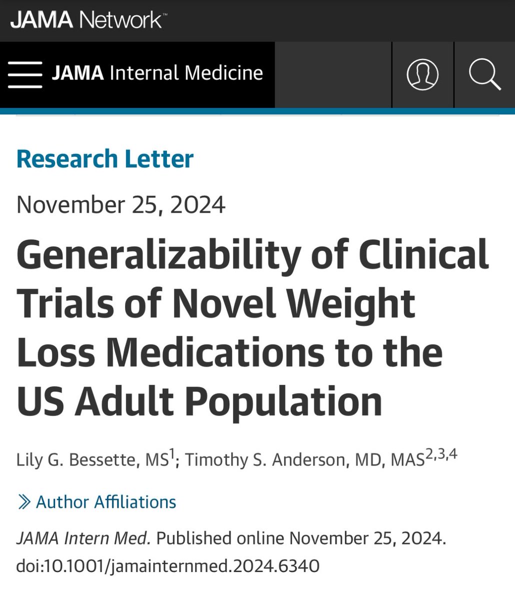 LilyBessette's tweet photo. New paper out in @JAMAInternalMed ‼️

We found that a third of adults eligible for treatment with GLP-1s &amp; GLP-1/GIPs for weight loss would have been excluded from pivotal clinical trials! 📊

Big thanks to @TimAndersonMD for his mentorship! @PittCMU_MSTP https://t.co/n03eNs0w8p