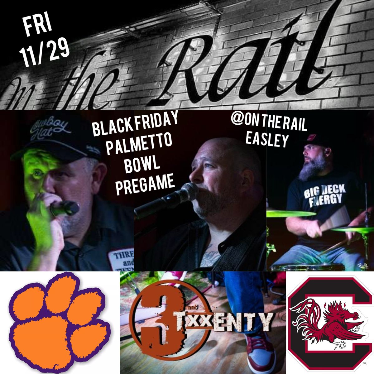 3andTwenty's tweet photo. Black Friday Palmetto Bowl Pregame Party with @3andTwenty LIVE in Easley, SC at On The Rail Bar and Grill https://t.co/fQwN10FGZ1