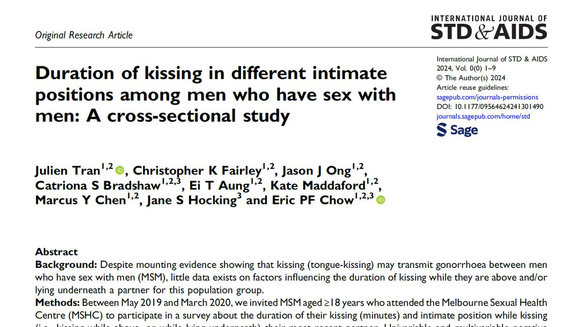 MSHC Research (@mshcresearch) on Twitter photo New paper by doctoral candidate <a href="/JulTra87/">Julien Tran</a> in the International Journal of STD & AIDS exploring the duration of kissing in different intimate positions among men who have sex with
men: journals.sagepub.com/doi/abs/10.117…
<a href="/MonashResearch/">Monash Research</a> <a href="/Monash_FMNHS/">Monash Medicine, Nursing and Health Sciences</a> <a href="/unimelbMSPGH/">Melbourne School of Population and Global Health</a> @SHSOV <a href="/Alfred_Research/">Alfred Research Alliance</a> New paper by doctoral candidate <a href="/JulTra87/">Julien Tran</a> in the International Journal of STD & AIDS exploring the duration of kissing in different intimate positions among men who have sex with
men: journals.sagepub.com/doi/abs/10.117…
<a href="/MonashResearch/">Monash Research</a> <a href="/Monash_FMNHS/">Monash Medicine, Nursing and Health Sciences</a> <a href="/unimelbMSPGH/">Melbourne School of Population and Global Health</a> @SHSOV <a href="/Alfred_Research/">Alfred Research Alliance</a>