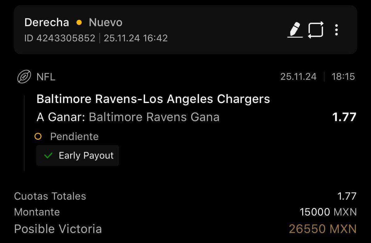 Les dejo mi pick de hoy para el MNF🏈
Voy fuerte con los #RavensFlock 

👑 Ravens ML

Si se gana, voy a regalar 1 transferencia de $250💵, acá los requisitos: 
• Seguirme <a href="/principicks/">Principicks🤴🏼</a> 
• RT🔁 y FAV❤️
• Comentar con el #Principicks 

Apuesto en <a href="/Betvipmx/">BetVIP.mx</a> 
Regístrate acá: