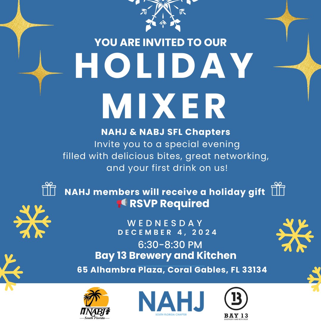 NAHJ South Florida (@nahjsouthfl) on Twitter photo NAHJ & NABJ South FL Chapters invite you to a night filled with delicious bites, meaningful connections, and your first drink on us.
As a holiday ๐, members will receive a professional headshot to elevate their personal brand!
๐ฉ Reservation Required: NAHJSoFlaBoard@gmail.com NAHJ & NABJ South FL Chapters invite you to a night filled with delicious bites, meaningful connections, and your first drink on us.
As a holiday ๐, members will receive a professional headshot to elevate their personal brand!
๐ฉ Reservation Required: NAHJSoFlaBoard@gmail.com