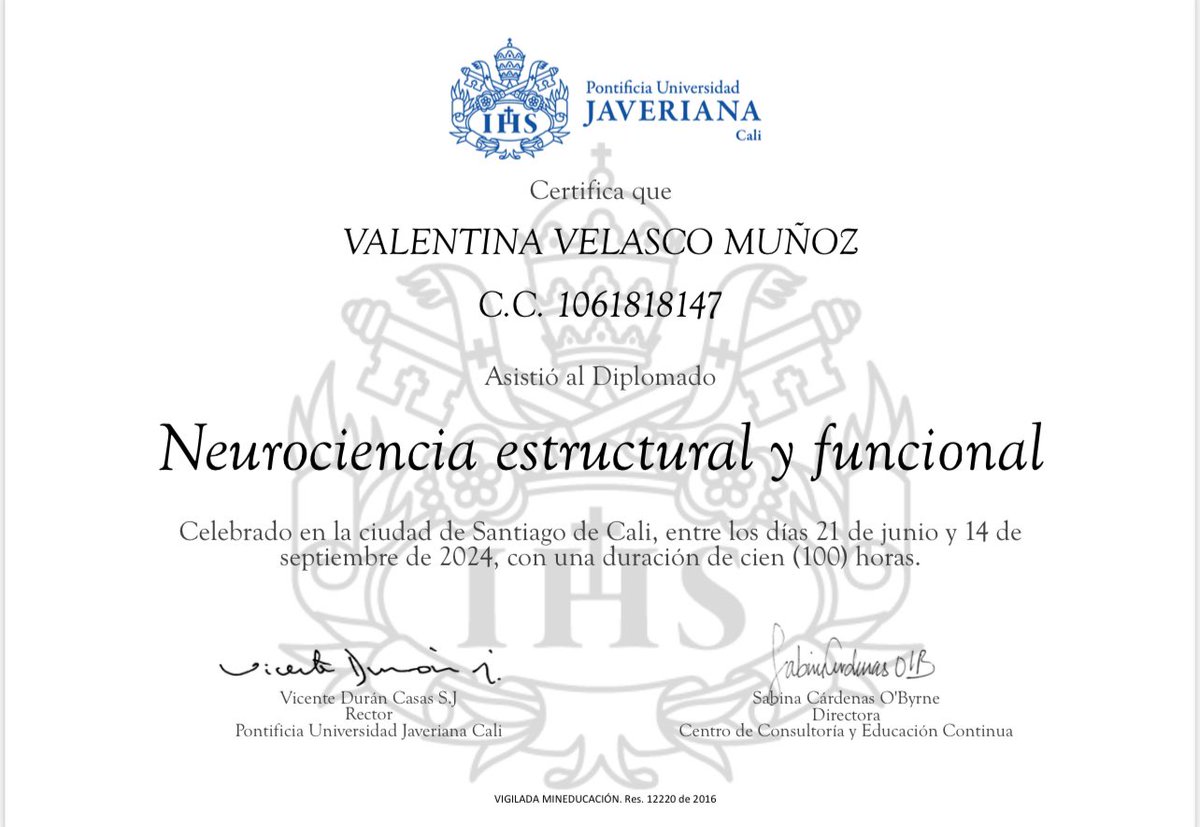 vvelascomm's tweet photo. I’m thrilled to share that I’ve completed my Diploma Course in Structural and Functional Neuroscience from Pontificia Universidad Javeriana Cali ! 🎉 It’s been a journey of learning and growth. I look forward to applying this knowledge in new ways in my career. https://t.co/K0FwZlblTU