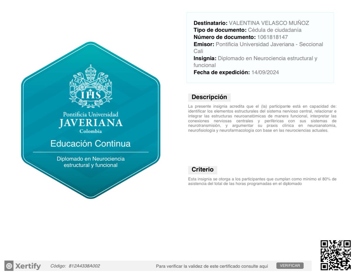vvelascomm's tweet photo. I’m thrilled to share that I’ve completed my Diploma Course in Structural and Functional Neuroscience from Pontificia Universidad Javeriana Cali ! 🎉 It’s been a journey of learning and growth. I look forward to applying this knowledge in new ways in my career. https://t.co/K0FwZlblTU