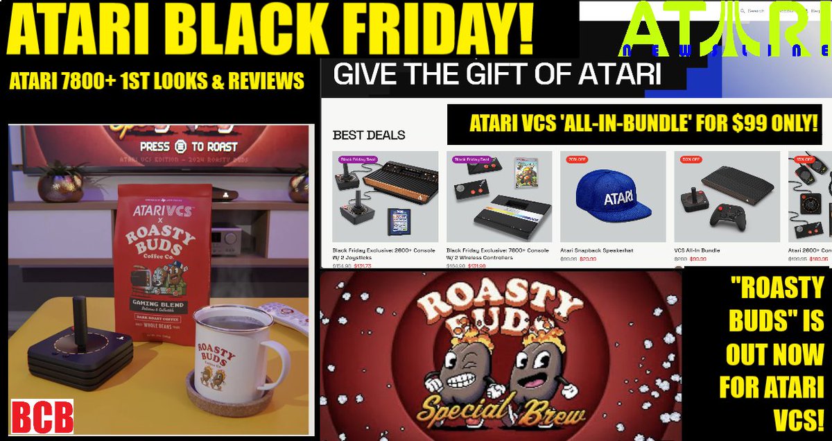 ballistikcoffee's tweet photo. On a NEW #AtariNewsline! It's #BlackFriday @ https://t.co/q33nY7RwNW! Let's take a look! Plus: #RoastyBuds is OUT NOW 4 @TheAtari_VCS! Plus an actual #coffee roast! And: #Atari7800Plus #Reviews & #FirstLooks r up by some! U interested? #Gaming #BCB Click: https://t.co/7Dmsryviik https://t.co/1ufu4SK9rj