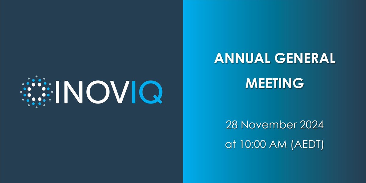 <a href="/INOVIQLtd/">INOVIQ Ltd (ASX:IIQ)</a> is holding it 2024 Annual General Meeting this Thursday 28th November at 10am (AEDT).  To access the Notice of Meeting go to: inoviq.com/site/pdf/3769d…

Business updates will be provided by INOVIQ Chair, David Williams and CEO, Dr <a href="/leearnehinch/">Leearne Hinch</a>.

Should you wish to join
