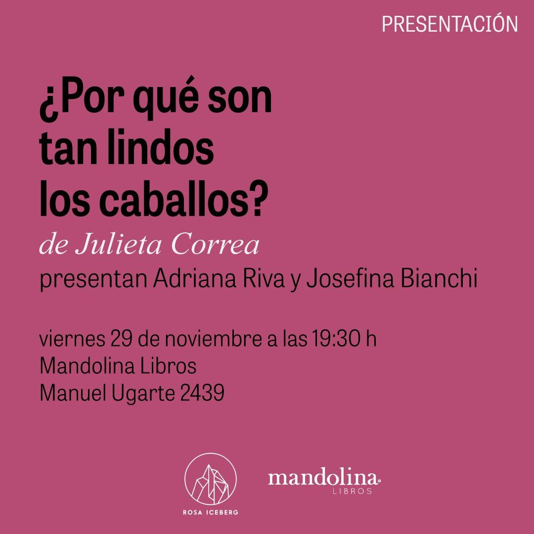 Rosa Iceberg (@ed_rosaiceberg) on Twitter photo Presentación de ¿Por qué son tan lindos los caballos? 📚 🐎
Este viernes 29 a las 19.30, Adriana Riva y Josefina Bianchi <a href="/Eloise____/">Josefina Bianchi 💚</a> acompañarán a la autora Julieta Correa <a href="/julicye/">julieta correa</a> para charlar y leer fragmentos de su flamante libro en <a href="/mandolinalibros/">Mandolina Libros</a> ✨
¡Nos vemos ahí! ❤️ Presentación de ¿Por qué son tan lindos los caballos? 📚 🐎
Este viernes 29 a las 19.30, Adriana Riva y Josefina Bianchi <a href="/Eloise____/">Josefina Bianchi 💚</a> acompañarán a la autora Julieta Correa <a href="/julicye/">julieta correa</a> para charlar y leer fragmentos de su flamante libro en <a href="/mandolinalibros/">Mandolina Libros</a> ✨
¡Nos vemos ahí! ❤️