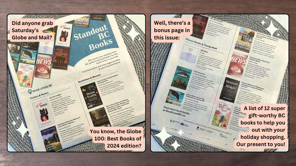Read Local BC (@readlocalbc) on Twitter photo Read Local BC in The Globe and Mail! ā (Nov. 23 BC edition)
We launched a list of standout BC books, that coincidentally, we think would make great gifts this holiday season.
@talonbooks <a href="/caitlinpress/">Caitlin Press</a> @ubcpress @touchwooded <a href="/tradewindbooks/">Tradewind Books</a> @anvilpress @greystonekids @globearts Read Local BC in The Globe and Mail! ā (Nov. 23 BC edition)
We launched a list of standout BC books, that coincidentally, we think would make great gifts this holiday season.
@talonbooks <a href="/caitlinpress/">Caitlin Press</a> @ubcpress @touchwooded <a href="/tradewindbooks/">Tradewind Books</a> @anvilpress @greystonekids @globearts