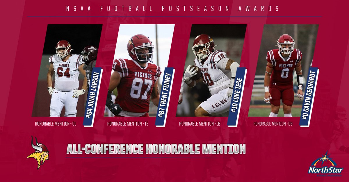 🏈👏 Congrats to Jonah Larson, Trent Finney, Loke Iese, and Gavin Gerhardt for being named honorable mention All-Conference!

vcsu.news/3Os332w