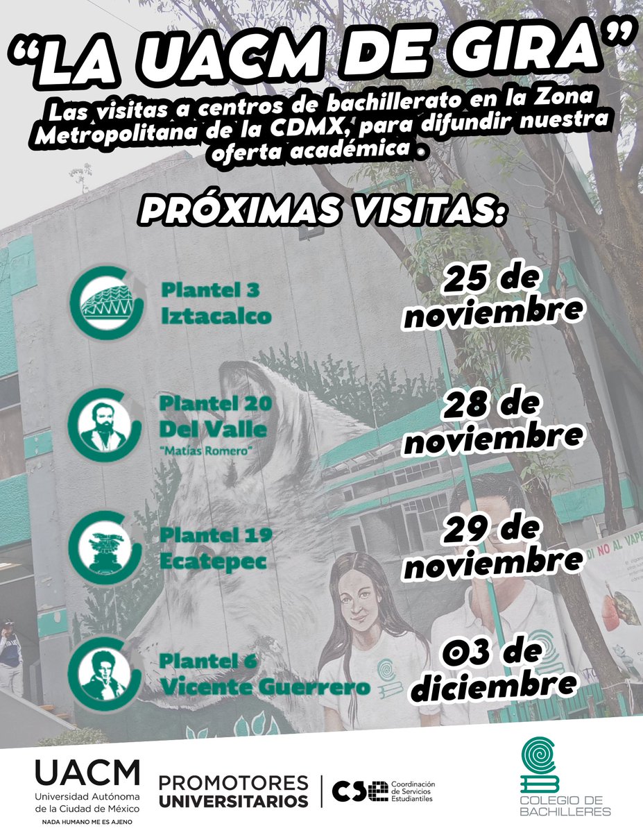OctavioFSanti's tweet photo. Comunidad @UACM: estamos en la recta final de las visitas a los planteles del @CdeBachilleres, semestre 2024-II:
#COLBACH no. 03 "Iztacalco"
#COLBACH no. 20 "Del Valle"
#COLBACH no. 19 "Ecatepec"
#COLBACH no. 06 "Vicente Guerrero"
@cse_uacm #LaUACMdeGira #UACMEducación https://t.co/RTqXN6t5ej