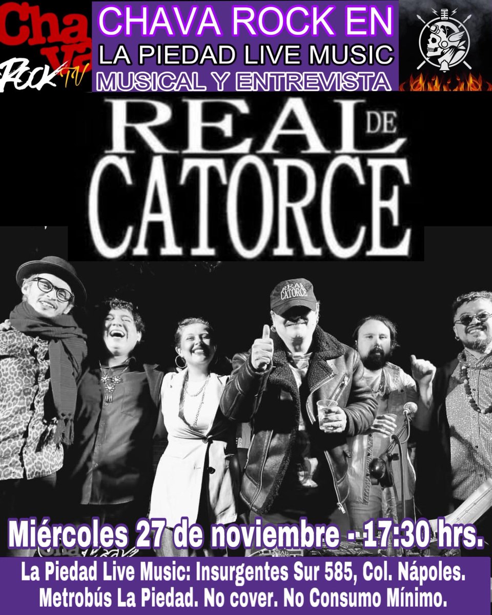 Este miércoles Real de Catorce - José Cruz con Chava Rock en La Piedad Live Music.
Una gran noticia, la celebración de los 42 años de trayectoria será en este foro el próximo 13 de diciembre.
Aún quedan boletos: 
wegow.com/es/conciertos/… 

@josecruzcatorce <a href="/RealDe14_mx/">Real de Catorce</a>