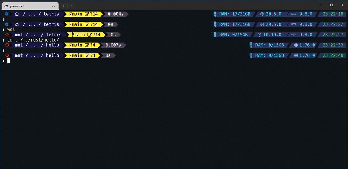 Oh My Posh のおかげでPowerShellとWSLの見た目を統一して、いい感じになった
Node.jsやRustのバージョン表示とかもできた✨️

#OhMyPosh #Windows #PowerShell