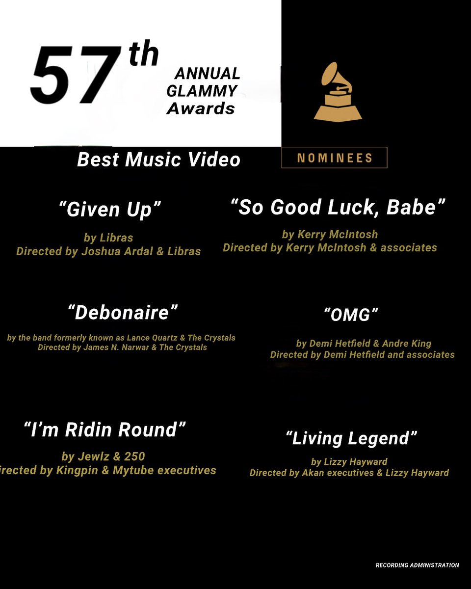 RECORDING AD MINISTRATION/GLAMMYs (@glammysawards) on Twitter photo Congratulations 57th #GLAMMYs Best Music Video Nominees: <a href="/LibrasOfficial/">Libras ❁</a> <a href="/KerryMcntosh/">Kerry McIntosh</a> <a href="/LanceQuartzGTA/">Lance Quartz⚡️</a> <a href="/OCrystalsGTA/">The Crystals⚡️🎸</a> <a href="/DemiHetfield/">Madame President Demi Hetfield</a> <a href="/ANDREKINGx/">ANDRE KING</a> <a href="/ObviousJewlz/">Jewlz ❆</a> <a href="/2FIVE0/">250 ❁</a> <a href="/LizzHayward/">Lizzy Del Rio ❁</a>
#57thGLAMMYs🏆 Congratulations 57th #GLAMMYs Best Music Video Nominees: <a href="/LibrasOfficial/">Libras ❁</a> <a href="/KerryMcntosh/">Kerry McIntosh</a> <a href="/LanceQuartzGTA/">Lance Quartz⚡️</a> <a href="/OCrystalsGTA/">The Crystals⚡️🎸</a> <a href="/DemiHetfield/">Madame President Demi Hetfield</a> <a href="/ANDREKINGx/">ANDRE KING</a> <a href="/ObviousJewlz/">Jewlz ❆</a> <a href="/2FIVE0/">250 ❁</a> <a href="/LizzHayward/">Lizzy Del Rio ❁</a>
#57thGLAMMYs🏆