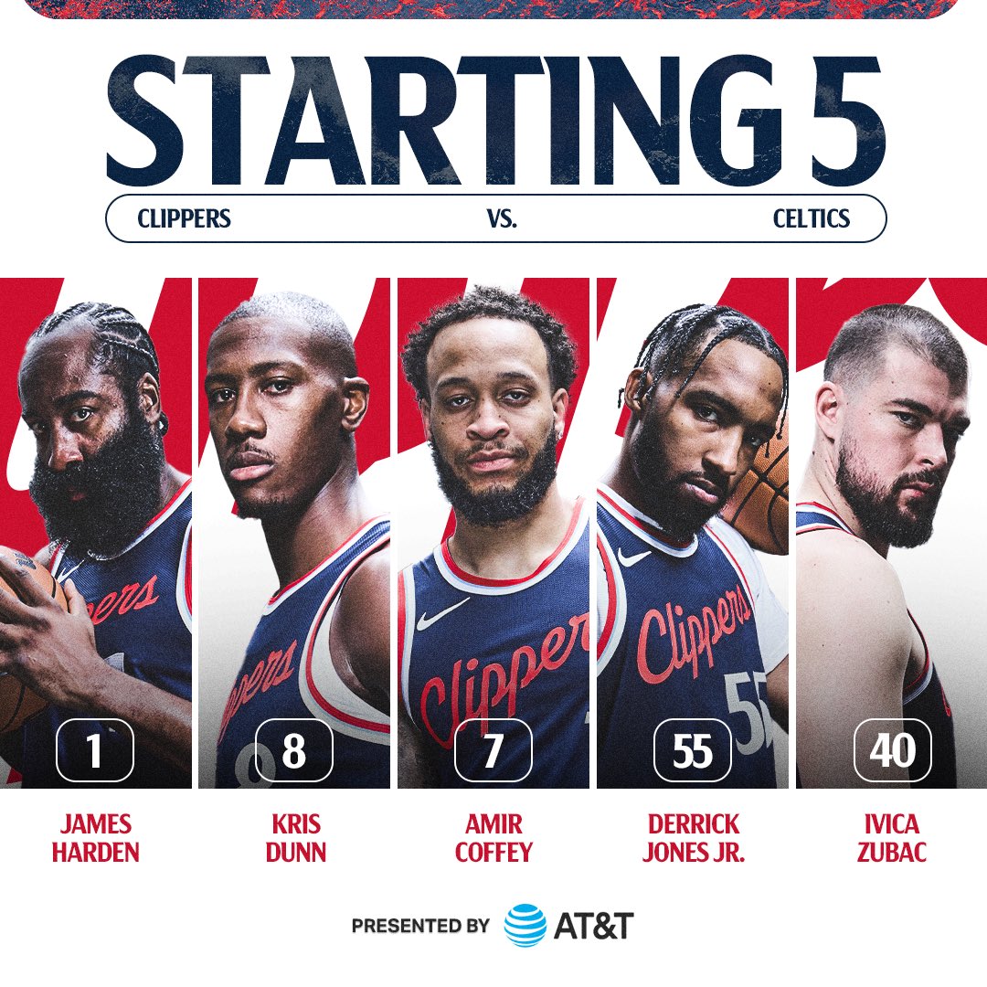 LAClippers's tweet photo. .@ATT Starting 5️⃣ vs. @celtics 

🏀 James Harden
🏀 Kris Dunn
🏀 Amir Coffey
🏀 Derrick Jones Jr. 
🏀 Ivica Zubac https://t.co/kyYgkqNIWa