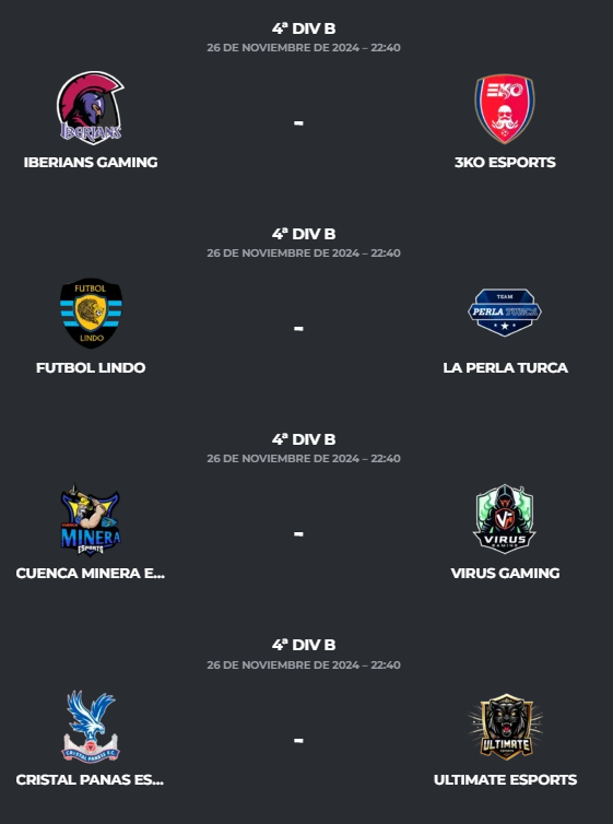 PLG_Spain's tweet photo. Jornada 🔟 - 4ªB
@IberiansGaming - @3KO_eSports
@FutbolLindoCF - @laperlaturca77
@CMineraeSports - @_Virus_Gaming
@CristalPanas - @UltimateEsp17
@BallOwners2024 - @transformers_cf
#KamiLegends - #StrikeBack
@Marbella_FC_ - @generalrrap
@MRJAeSport - @NazgulNation https://t.co/CHuG3tpDQQ