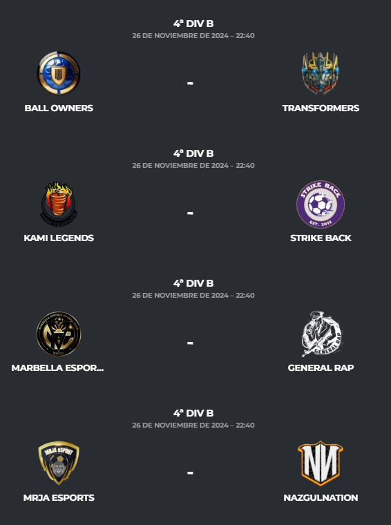 PLG_Spain's tweet photo. Jornada 🔟 - 4ªB
@IberiansGaming - @3KO_eSports
@FutbolLindoCF - @laperlaturca77
@CMineraeSports - @_Virus_Gaming
@CristalPanas - @UltimateEsp17
@BallOwners2024 - @transformers_cf
#KamiLegends - #StrikeBack
@Marbella_FC_ - @generalrrap
@MRJAeSport - @NazgulNation https://t.co/CHuG3tpDQQ