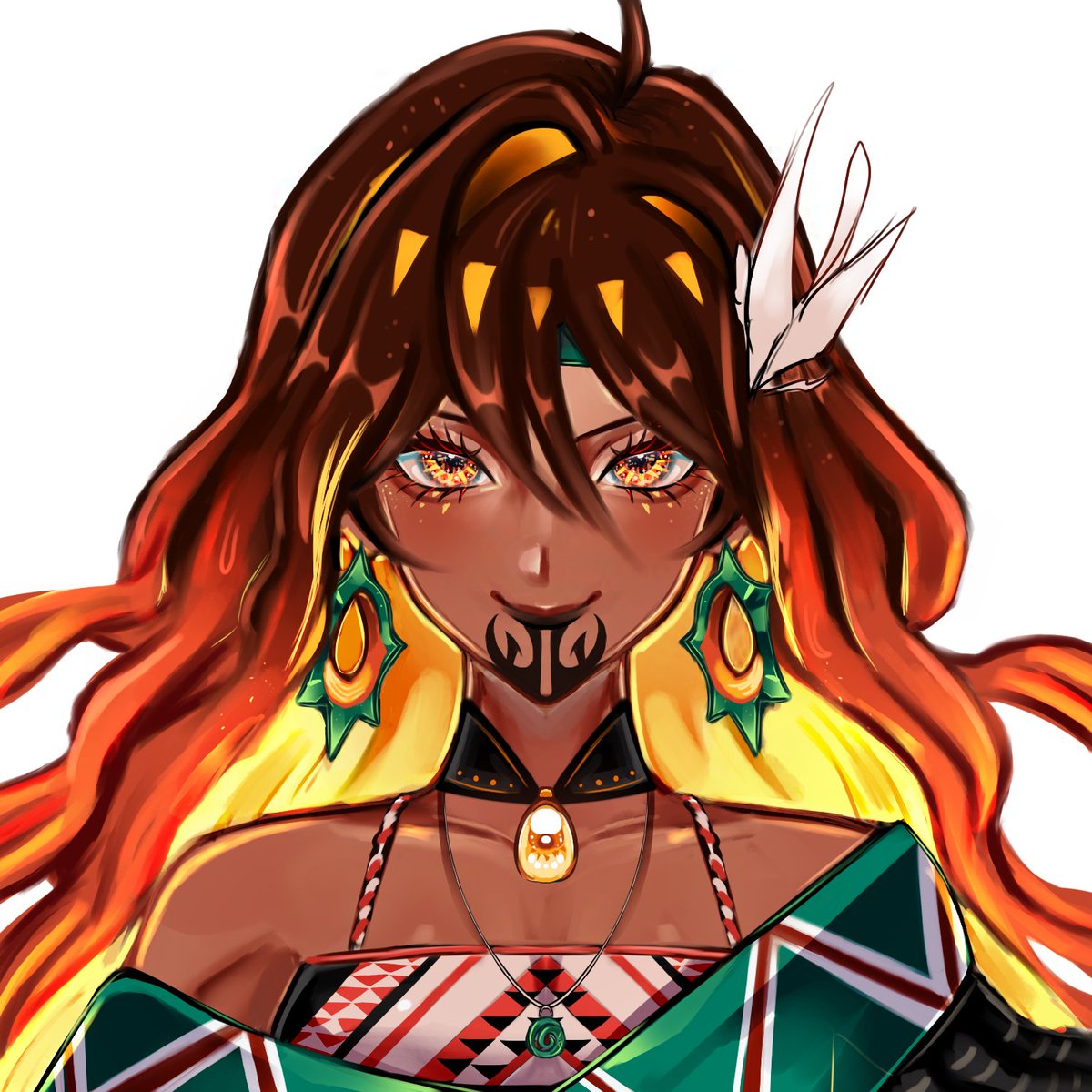 Hihohashlii's tweet photo. Admittedly A bit lazy, can anyone tell me if i did anything culturally incorrect in my mavuika redesign? If not this is kinda it ig #Mavuika #GenshinImpact https://t.co/J49zGNt0RI