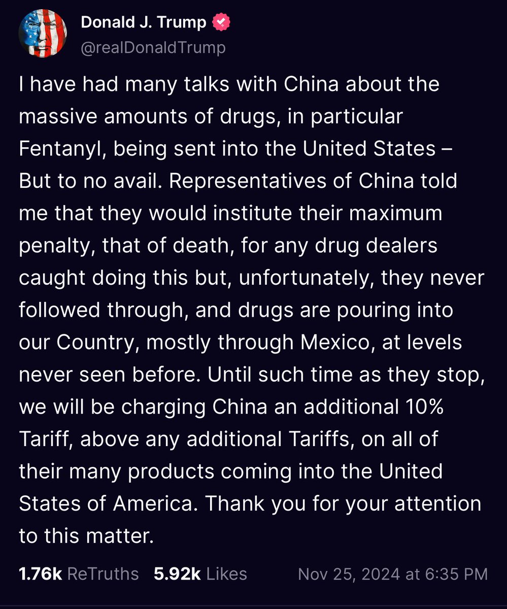 BREAKING: Donald Trump says he will impose a 25% tariff on all goods from Mexico and Canada and an additional 10% tariff on Chinese goods, effective from his first day in office. 

Get ready for higher prices.