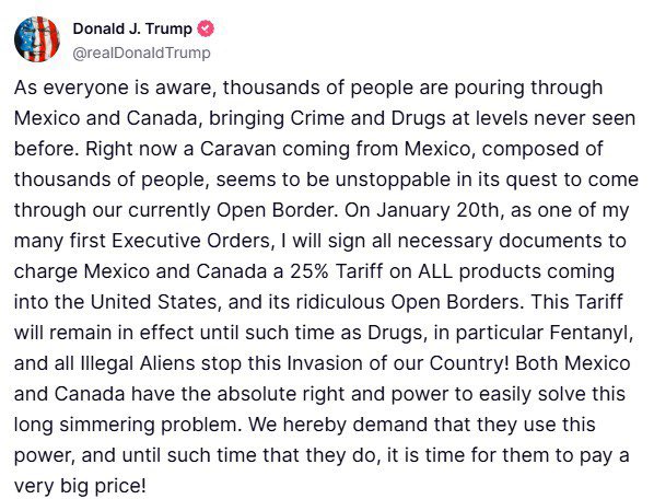 azucenau's tweet photo. #ÚLTIMAHORA | Donald Trump firmará orden para imponer aranceles del 25% a productos de México y EUA a partir del 20 de enero https://t.co/dsJUuB8Aii