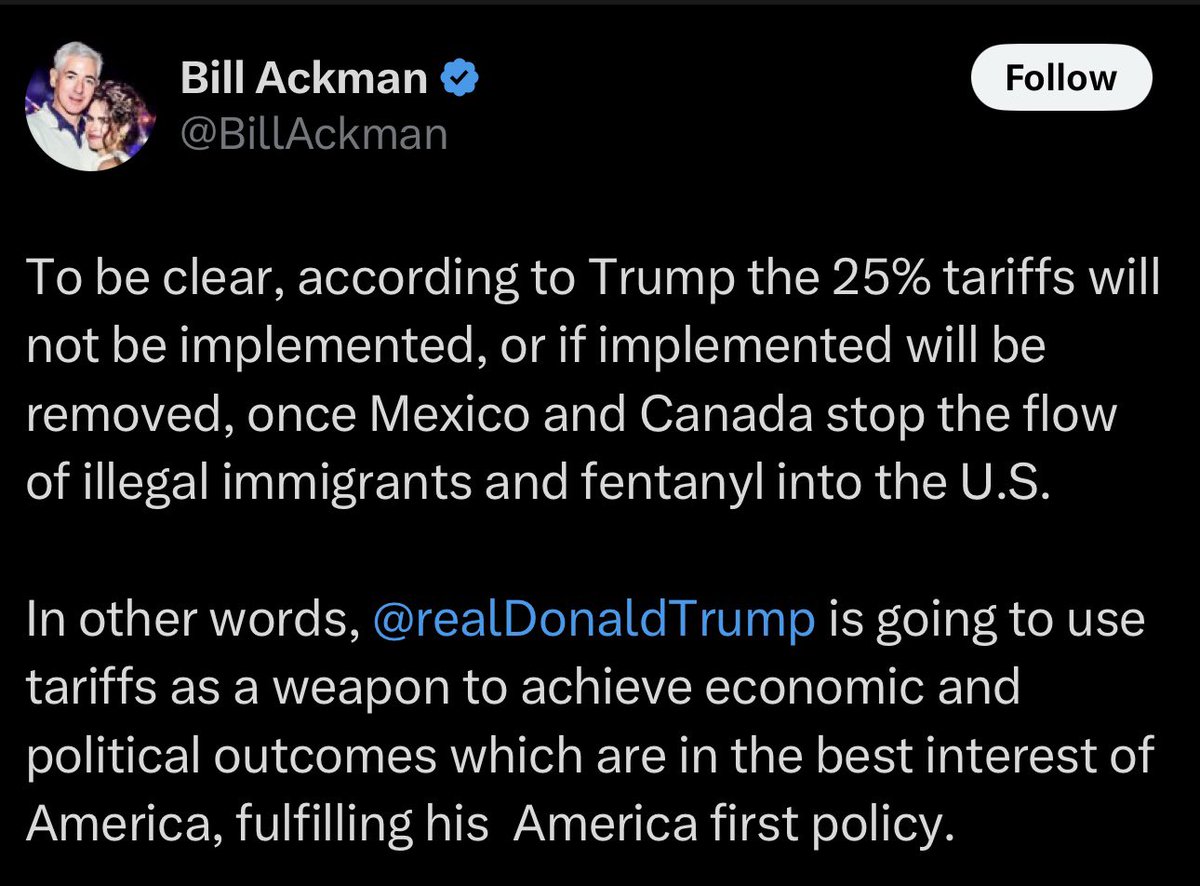 Ackman trying to talk his rich friends off the ledge before the market opens tomorrow after Trump announces tonight he intends to impose massive tariffs on Canada, Mexico and China.
