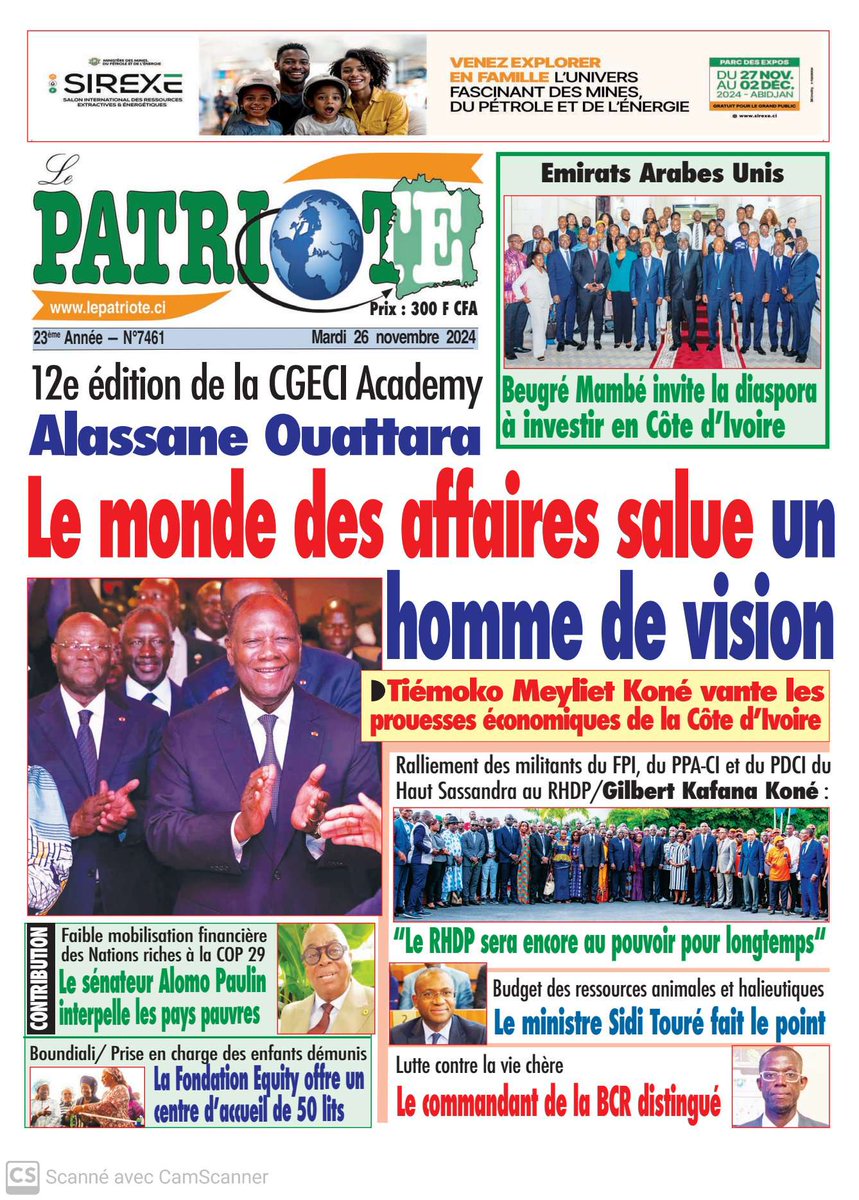 Le Patriote n°7461 du Mardi 26 Novembre 2024- 12e édition de la CGECI Academy : Le monde des affaires salue Alassane Ouattara, un homme de vison !
<a href="/DRhdp/">RHDP CÔTE D'IVOIRE</a> <a href="/RhdpO/">rhdp_officiel</a> <a href="/cgeci_academy/">Cgeci Academy</a> <a href="/Cgeci_Officiel/">CGECI - Le Patronat Ivoirien</a> <a href="/CGECIAcademy/">CGECI Academy</a> <a href="/cgecijen/">CGECI JEN</a> <a href="/AOuattara_PRCI/">Alassane Ouattara</a> <a href="/Meyliet_KONE/">Tiémoko Meyliet KONÉ</a> <a href="/DrBeugreMambe/">Dr Beugré Mambé</a>