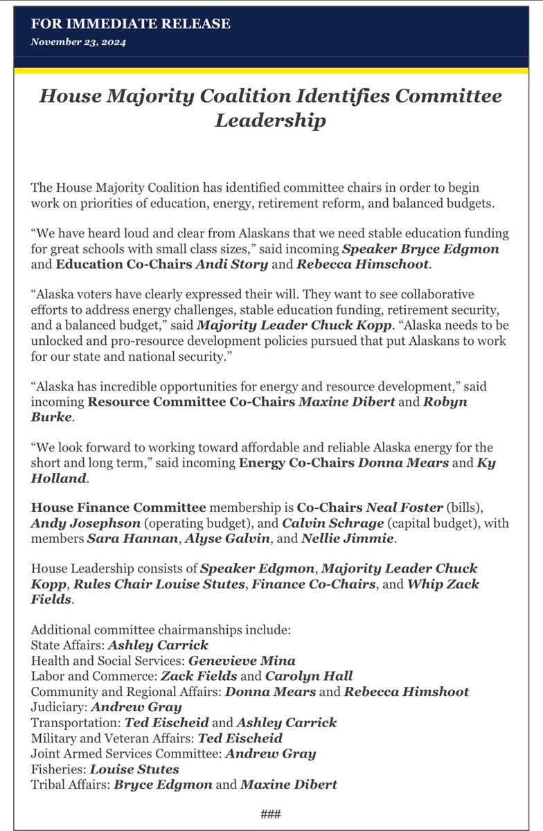 As a member of the House Majority Coalition in the 34th Legislature, I am honored to chair the House Health &amp; Social Services Committee next yr. The issues of public health &amp; public welfare are not only near and dear to me, but a constitutional duty I will always uphold. #akleg