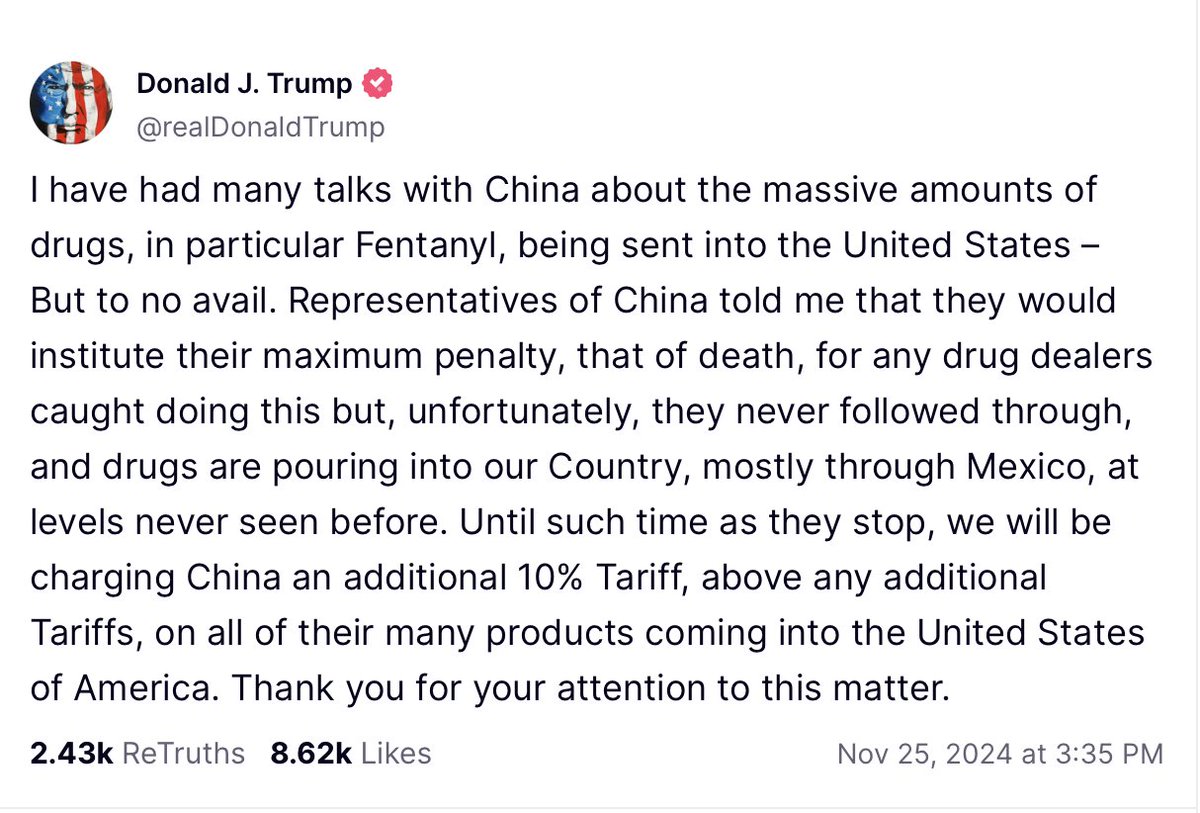 charliekirk11's tweet photo. BREAKING: President Trump announces that on DAY ONE he will impose a 25% Tariff on Canada and Mexico on all good coming into the country in direct response to the persistent illegal immigration, open borders, and drugs flowing into America, citing fentanyl in particular. 

In a follow up post, President Trump announces a 10% tariff—above and beyond any existing tariffs—on all goods coming in from China for their failure to stop Chinese-made Fentanyl from pouring into America by way of Mexico.

President Trump says the tariffs will be charged "until such time" as the flow of drugs and migrants stops.