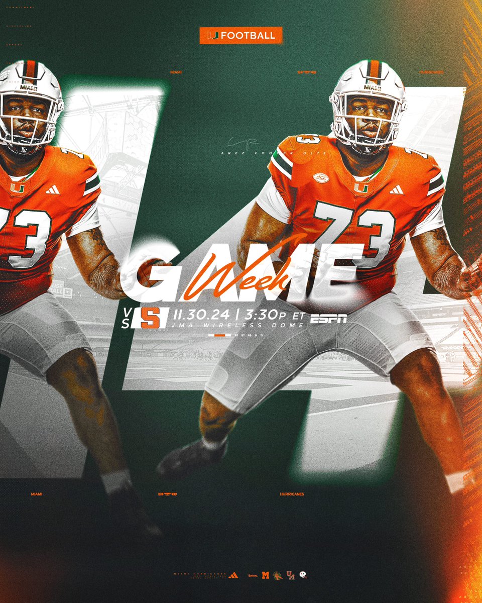 WEEK 14 🙌

🆚: Syracuse
🗓️: November 30th
⏰: 3:30 PM ET
📍: Syracuse, NY
📺: ESPN
🎧: @560wqam 

#GoCanes