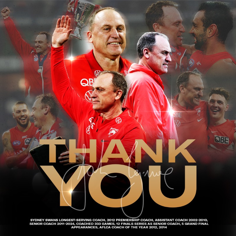 sydneyswans's tweet photo. The end of an era. The longest serving coach in our 150-year history.

Premiership coach John Longmire has informed the club he wishes to step aside from the senior coaching role.

Thank you for everything Horse ❤️