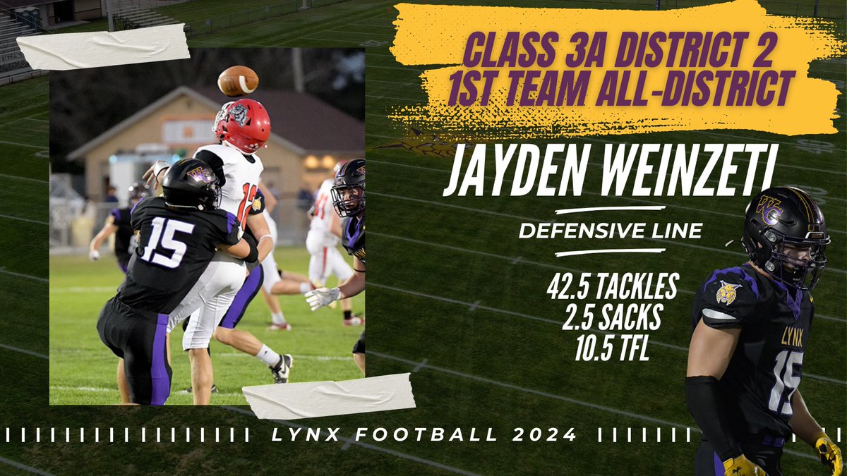 Congrats Jayden Weinzetl for being selected 3A District 2 1st Team All-District Defensive Line!!
