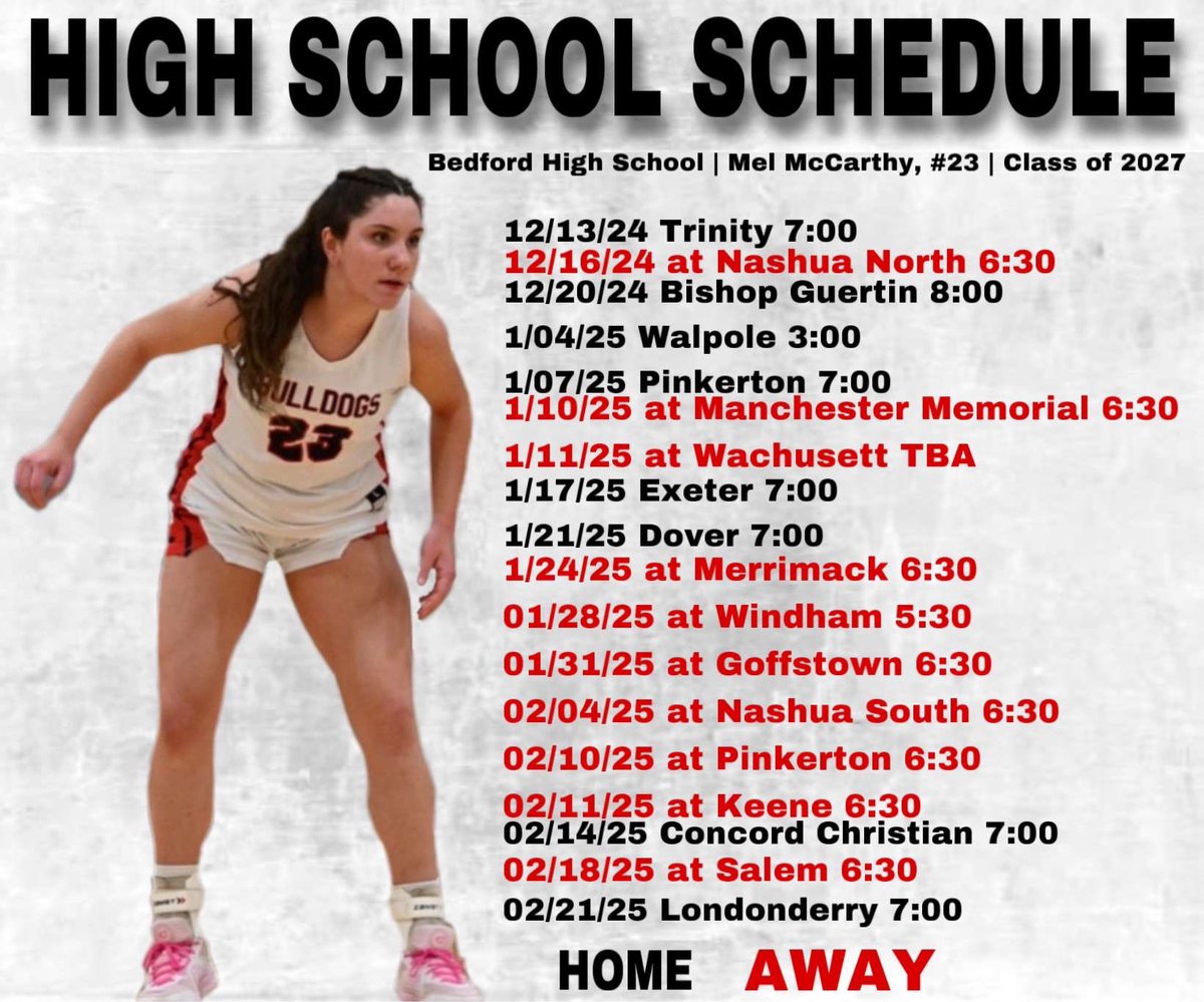 Mel McCarthy (@melmccarthyyy) on Twitter photo Here is my regular season schedule. I can’t wait to get started! ❤️🖤 <a href="/Bedford_NH_GVBB/">Bedford (NH) Girls Basketball</a> <a href="/BayStateJags/">Bay State Jaguars</a> Here is my regular season schedule. I can’t wait to get started! ❤️🖤 <a href="/Bedford_NH_GVBB/">Bedford (NH) Girls Basketball</a> <a href="/BayStateJags/">Bay State Jaguars</a>