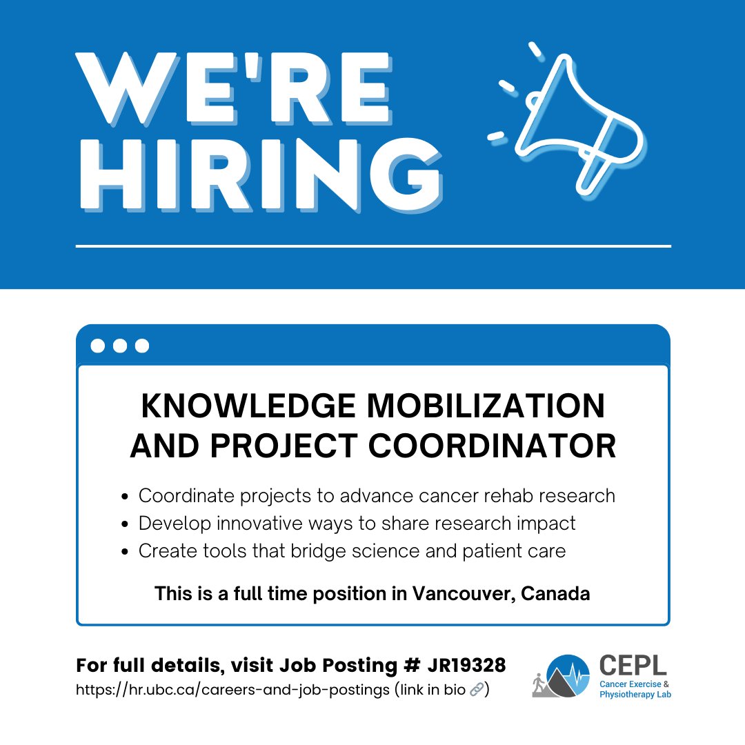 Cancer Exercise & Physiotherapy Lab (@cepl_ubc) on Twitter photo We're Hiring!
Join UBC's Cancer Exercise & Physiotherapy Lab as a Knowledge Mobilization and Project Coordinator.
📍 Location: UBC Vancouver Campus
🗓 Apply by: Dec 7, 2024
Full details can be found here: ubc.wd10.myworkdayjobs.com/ubcstaffjobs/j…
<a href="/KLCampbellPhD/">Kristin Campbell, PhD</a> We're Hiring!
Join UBC's Cancer Exercise & Physiotherapy Lab as a Knowledge Mobilization and Project Coordinator.
📍 Location: UBC Vancouver Campus
🗓 Apply by: Dec 7, 2024
Full details can be found here: ubc.wd10.myworkdayjobs.com/ubcstaffjobs/j…
<a href="/KLCampbellPhD/">Kristin Campbell, PhD</a>